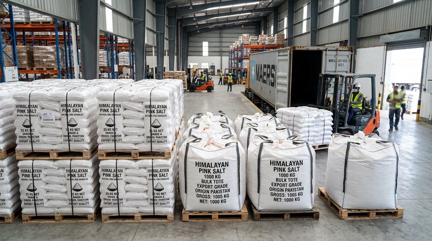 SALTORA 25kg export bags and 1000kg bulk tote bags on pallets ready for container shipping